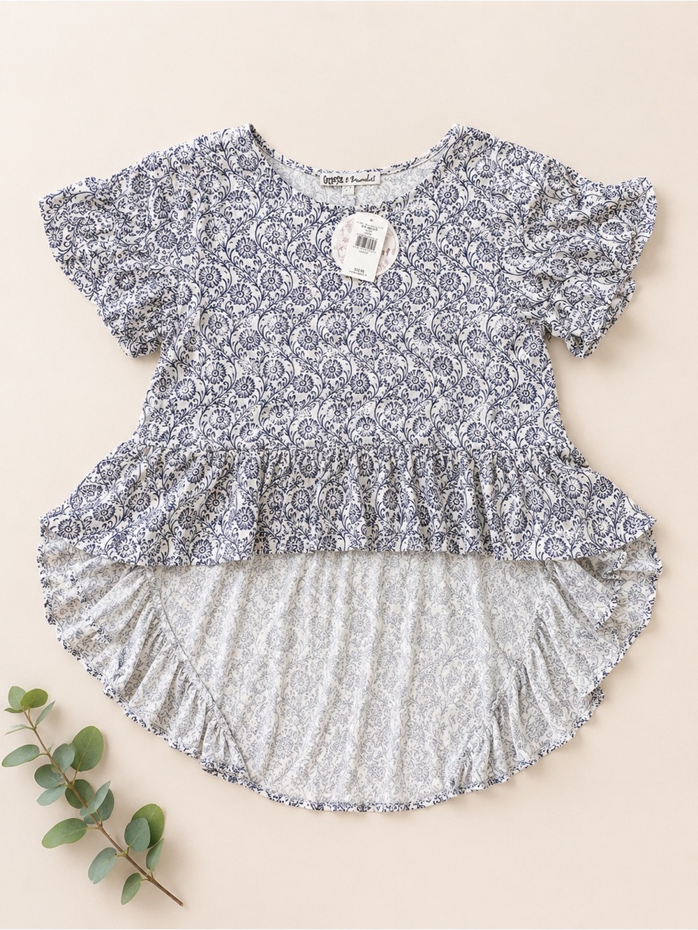 Gypsies & Moondust Floral Peplum Blouse Blue & White NWT Size Large Cottagecore